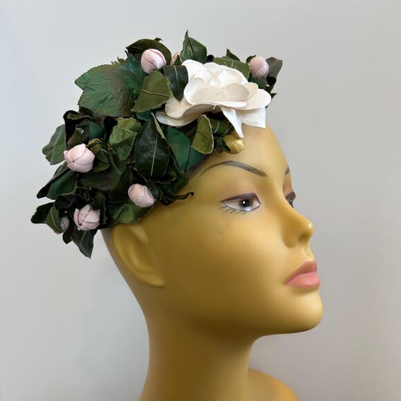 Vintage 60s Joseph Magnin Leafy Floral Fascinator Hat - Picture 2 of 7